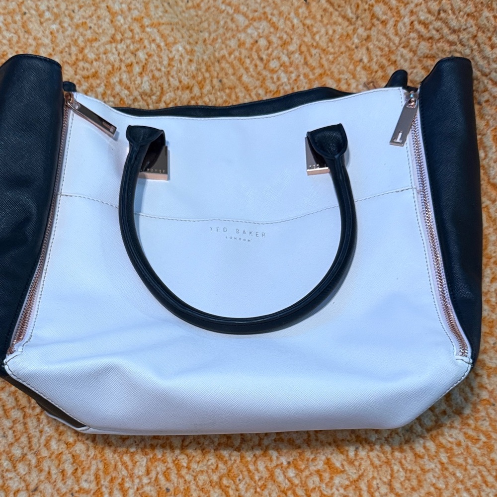 Ted Baker White and Black Leather Tote with Rose Gold Hardware